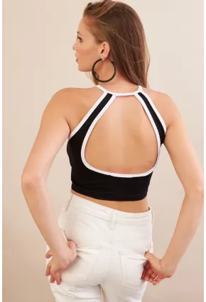 Kadın Siyah Sırtı Açık Kontrast Crop Bluz EY3118