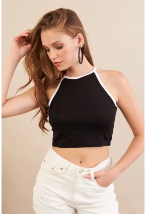 Kadın Siyah Sırtı Açık Kontrast Crop Bluz EY3118