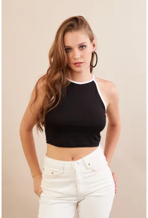 Kadın Siyah Sırtı Açık Kontrast Crop Bluz EY3118