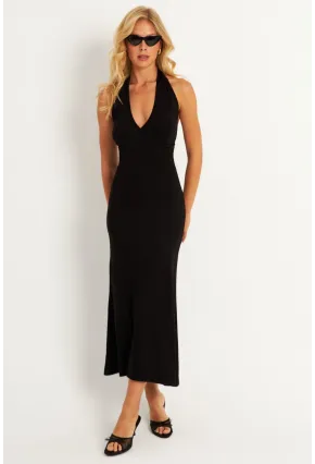 Kadın Siyah Sırtı Açık Kruvaze Midi Elbise EY2841