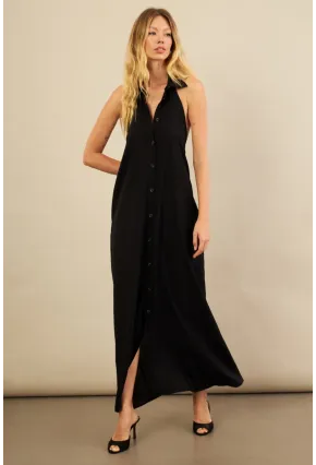 Kadın Siyah Sırtı Açık Maxi Gömlek Elbise ELN3132