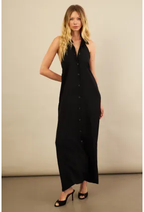 Kadın Siyah Sırtı Açık Maxi Gömlek Elbise ELN3132