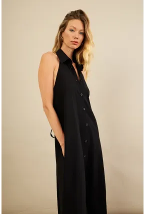 Kadın Siyah Sırtı Açık Maxi Gömlek Elbise ELN3132
