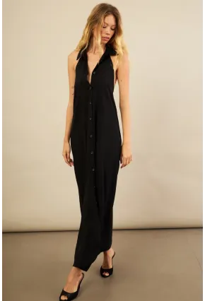 Kadın Siyah Sırtı Açık Maxi Gömlek Elbise ELN3132