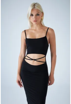 Kadın Siyah Sırtı Açık Pencereli Midi Elbise CEL001