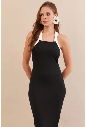 Kadın Siyah Sırtı Çapraz Askılı Midi Elbise AN8126
