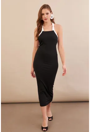 Kadın Siyah Sırtı Çapraz Askılı Midi Elbise AN8126