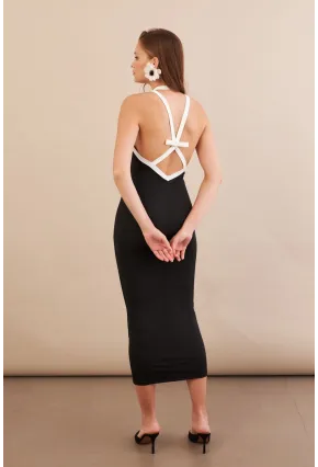 Kadın Siyah Sırtı Çapraz Askılı Midi Elbise AN8126