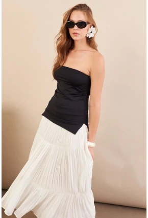 Kadın Siyah Straplez Yanı Yırtmaçlı Bluz MX2006