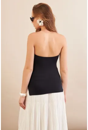 Kadın Siyah Straplez Yanı Yırtmaçlı Bluz MX2006