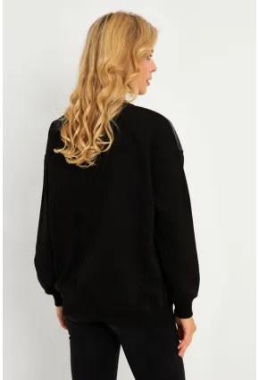 Kadın Siyah Suni Deri Bloklu Sweatshirt PKA808