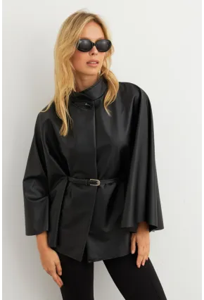 Kadın Siyah Suni Deri Kemerli Panço ELA3084-90