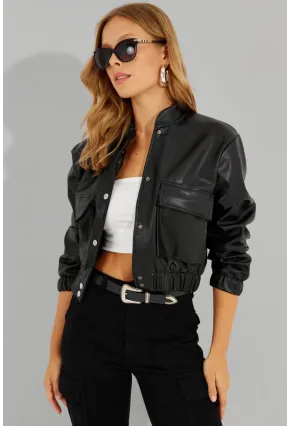 Kadın Siyah Suni Deri Kısa Bomber Ceket LST57