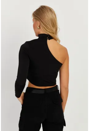 Kadın Siyah Tek Omuz Açık Bluz CY334