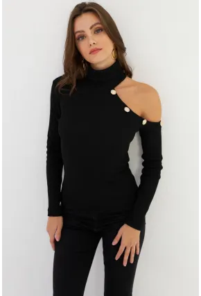 Kadın Siyah Tek Omuz Açık Kaşkorse Balıkçı Bluz EY2947