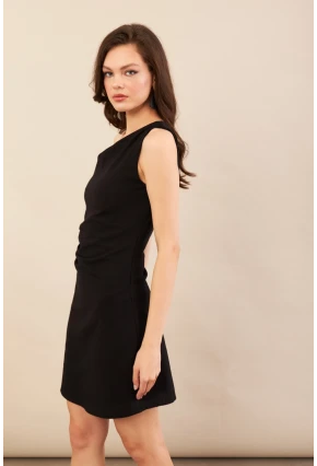 Kadın Siyah Tek Omuz Astarlı Mini Keten Elbise AYD416