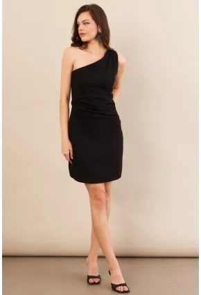 Kadın Siyah Tek Omuz Astarlı Mini Keten Elbise AYD416