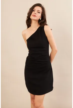 Kadın Siyah Tek Omuz Astarlı Mini Keten Elbise AYD416
