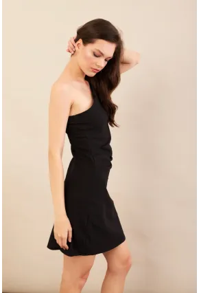 Kadın Siyah Tek Omuz Astarlı Mini Keten Elbise AYD416