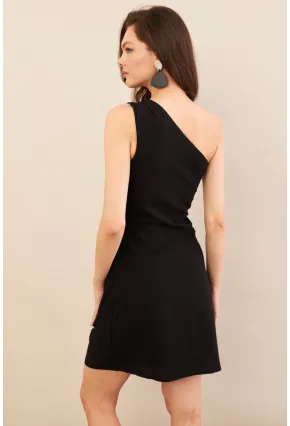 Kadın Siyah Tek Omuz Astarlı Mini Keten Elbise AYD416