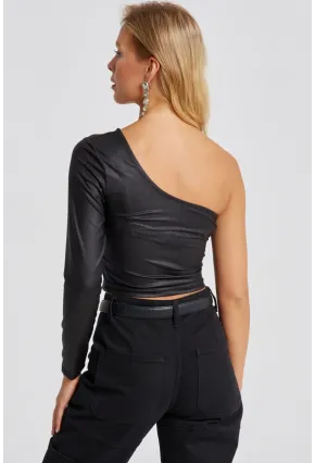 Kadın Siyah Tek Omuz Suni Deri Crop Bluz CY442