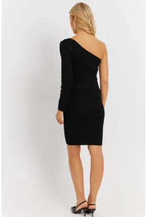 Kadın Siyah Tek Omuz Triko Midi Elbise YV264