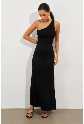 Kadın Siyah Tek Omuz Yırtmaçlı Maxi Elbise EY2498