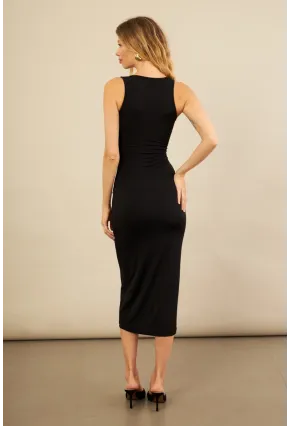 Kadın Siyah Toka Aksesuarlı Pencereli Midi Elbise KED7411