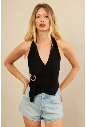 Kadın Siyah Tokalı Asimetrik Crop Bluz AN8134