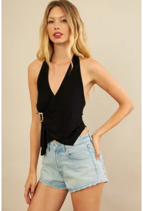 Kadın Siyah Tokalı Asimetrik Crop Bluz AN8134