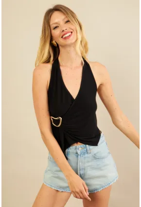 Kadın Siyah Tokalı Asimetrik Crop Bluz AN8134