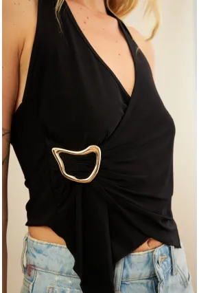 Kadın Siyah Tokalı Asimetrik Crop Bluz AN8134