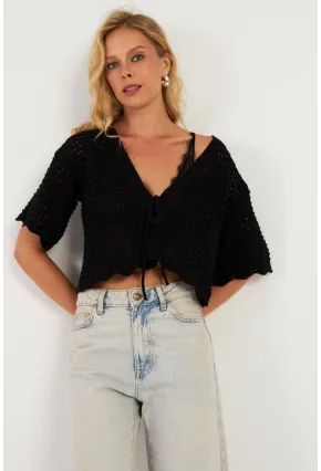 Kadın Siyah Triko Ajurlu Hırka YV255