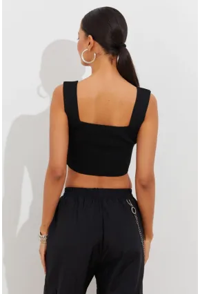 Kadın Siyah Triko Crop Atlet YV118