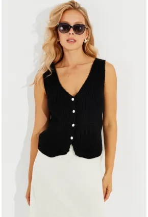 Kadın Siyah Triko Düğmeli Yelek YV205-90