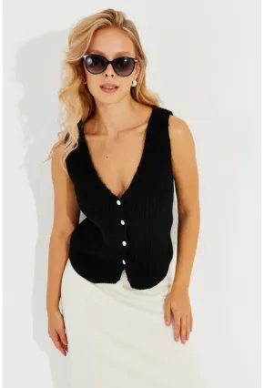 Kadın Siyah Triko Düğmeli Yelek YV205-90