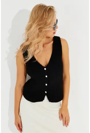 Kadın Siyah Triko Düğmeli Yelek YV205-90