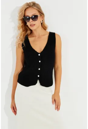 Kadın Siyah Triko Düğmeli Yelek YV205-90