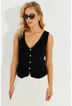 Kadın Siyah Triko Düğmeli Yelek YV205-90