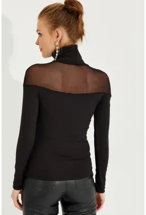 Kadın Siyah Tül Detaylı Balıkçı Bluz MEY2607