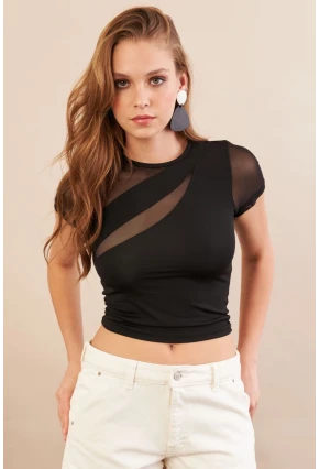 Kadın Siyah Tül Detaylı Bluz AN8087