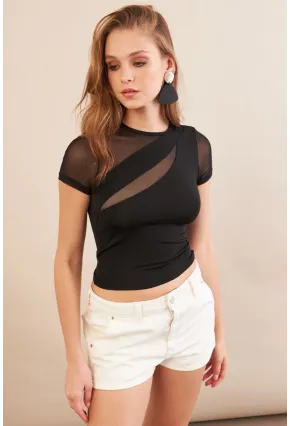 Kadın Siyah Tül Detaylı Bluz AN8087