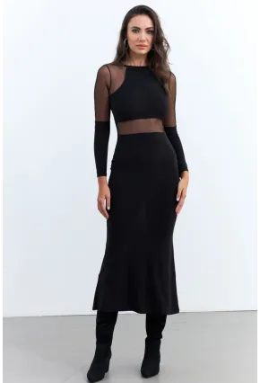 Kadın Siyah Tül Detaylı Midi Elbise ELT3834