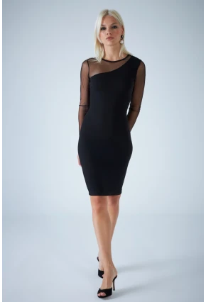 Kadın Siyah Tül Detaylı Midi Elbise ELT3874