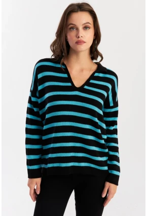 Kadın Siyah-Turkuaz Polo Yaka Çizgili Triko Kazak COL01
