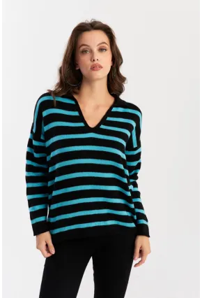 Kadın Siyah-Turkuaz Polo Yaka Çizgili Triko Kazak COL01