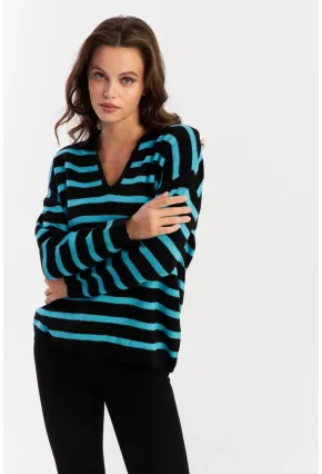 Kadın Siyah-Turkuaz Polo Yaka Çizgili Triko Kazak COL01
