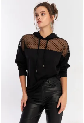 Kadın Siyah Üstü Tül Kapüşonlu Sweatshirt EY2934