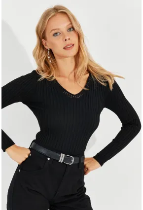 Kadın Siyah V Yaka Fitilli Triko Bluz SMT216
