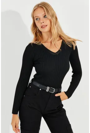 Kadın Siyah V Yaka Fitilli Triko Bluz SMT216